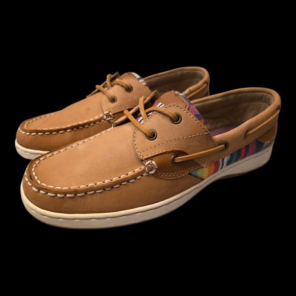 Maui Shoes - Maui Island Resort Bright Plaid Tan Leather Boat Shoes Canvas Accents Women Sz 9